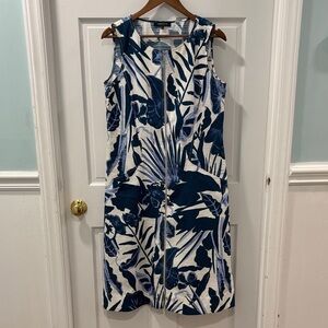 Lafayette 148 Floral Midi Shift Dress Size 8 Blue/White Full Front Zipper EUC